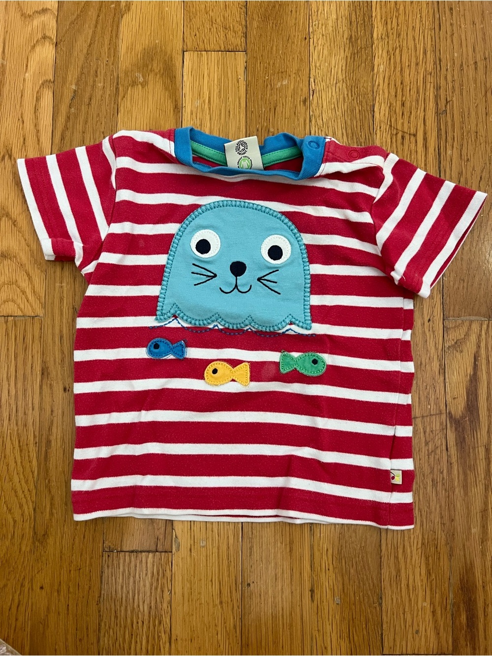 Frugi 12-18mo Red & White Striped Kids Tee with Blue Seal Applique